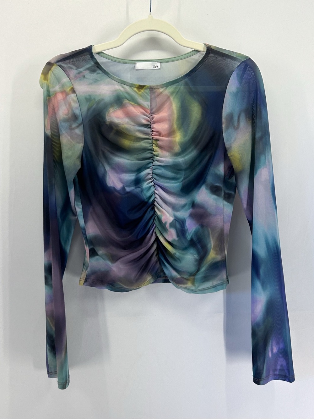 Urs Y2K Watercolor Space Mesh Sheer Long Sleeve Ruched Blouse Large